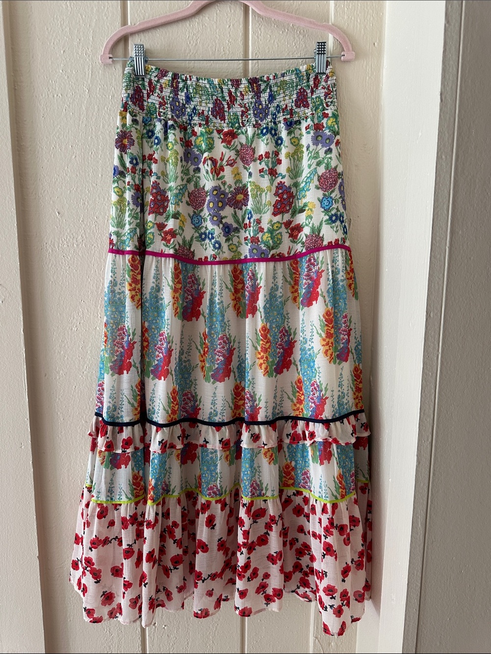 NEW ANTHROPOLOGIE MULTI COLOR TIERED MAXI SKIRT PULL ON WOW M